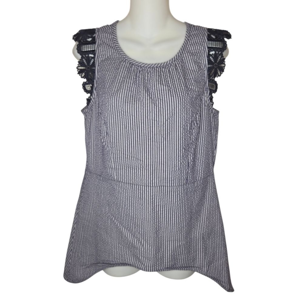 Cabi Lace Cap Sleeve Navy Blue Gingham Striped Blouse Top, Size Small